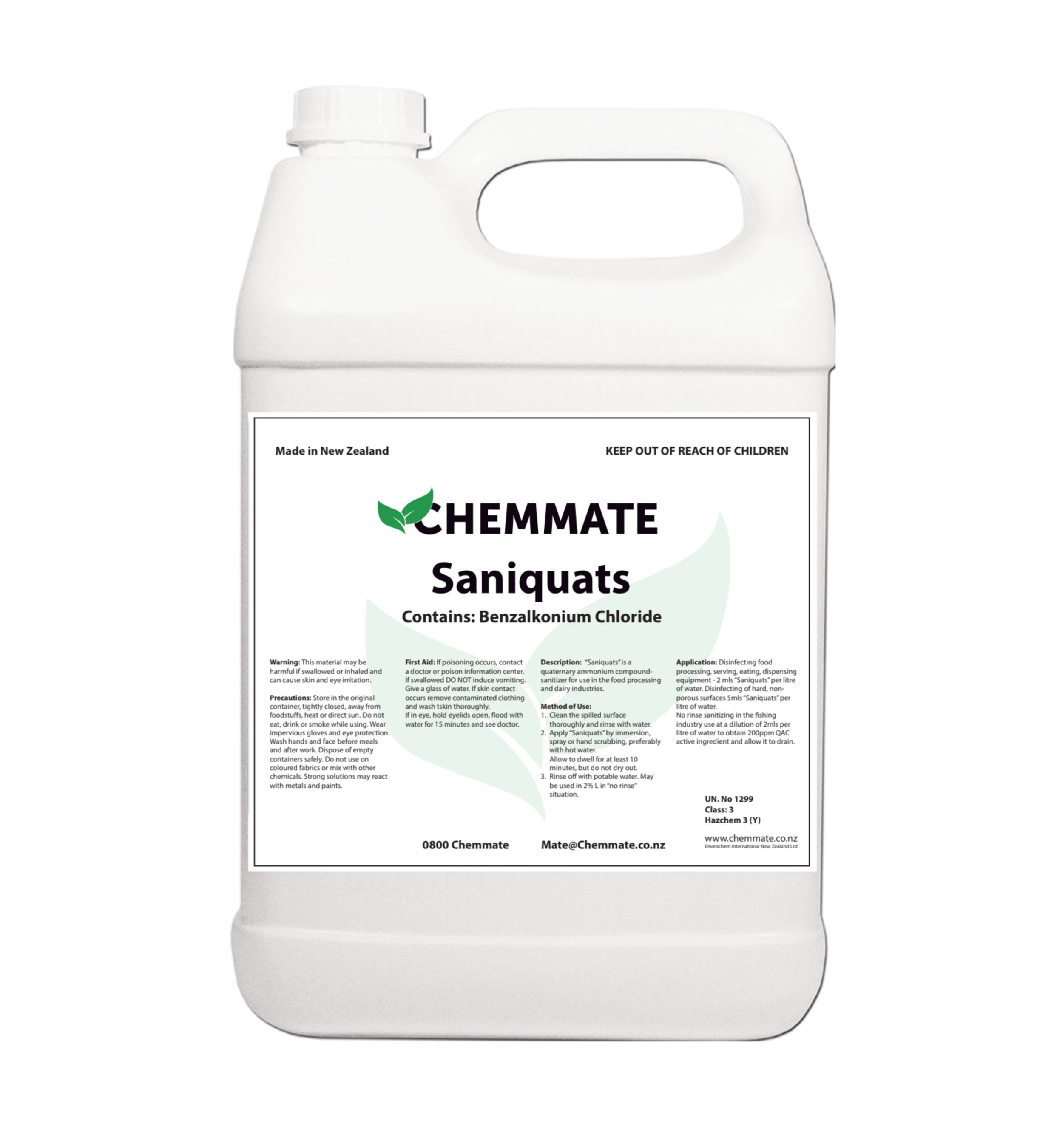 Saniquats Quaternary Ammonium Food Safe Sanitiser 5L - Chemmate NZ